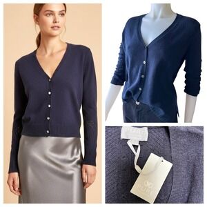 New Pure Collection Cashmere Cardigan Women's Pointelle Navy Preppy Size 2 NWT